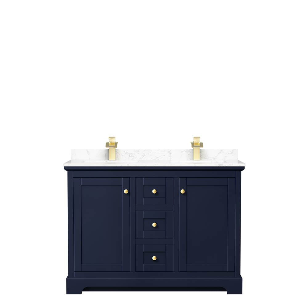 Avery 48 Inch Double Bathroom Vanity in Dark Blue, Dark-Vein Carrara Cultured Marble Countertop, Undermount Square Sinks, No Mirror