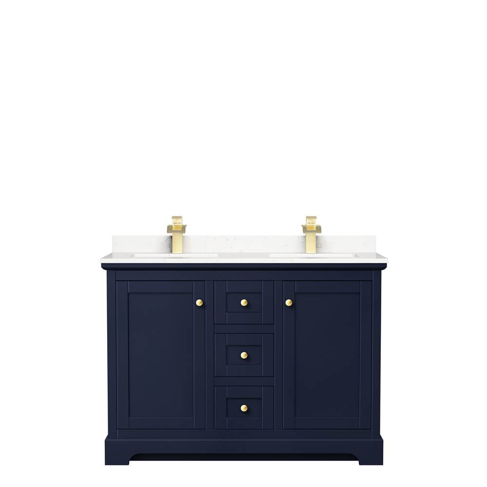 Avery 48 Inch Double Bathroom Vanity in Dark Blue, Carrara Cultured Marble Countertop, Undermount Square Sinks, No Mirror