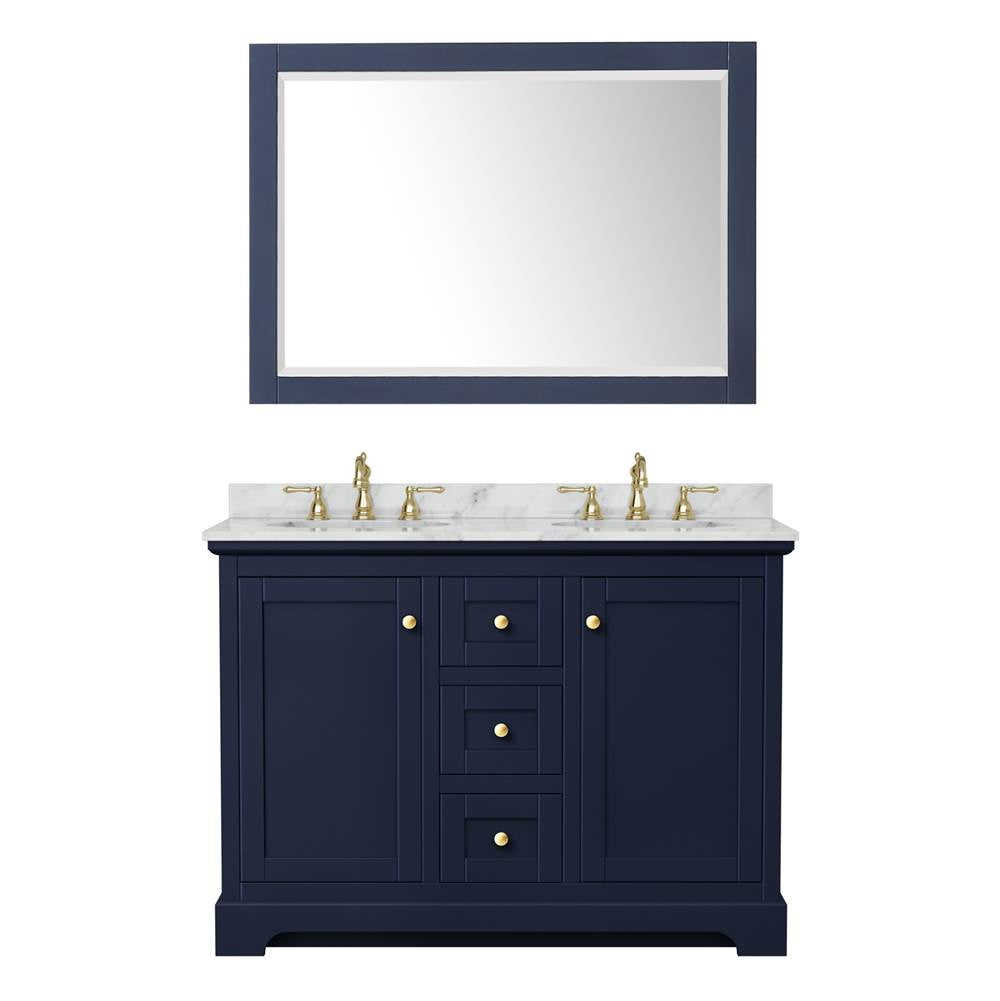 Avery 48 Inch Double Bathroom Vanity in Dark Blue, White Carrara Marble Countertop, Undermount Oval Sinks, 46 Inch Mirror