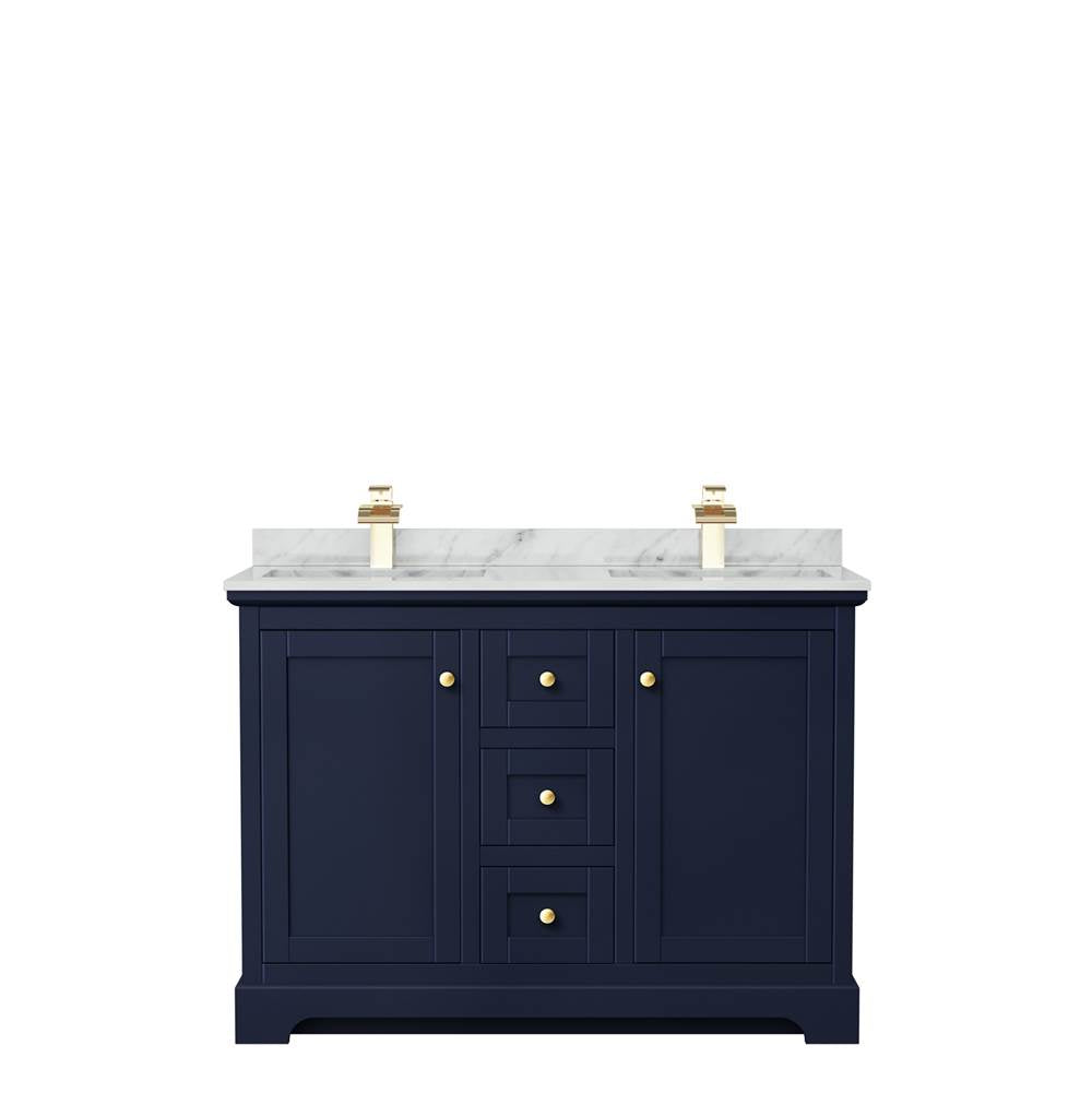 Avery 48 Inch Double Bathroom Vanity in Dark Blue, White Carrara Marble Countertop, Undermount Square Sinks, No Mirror