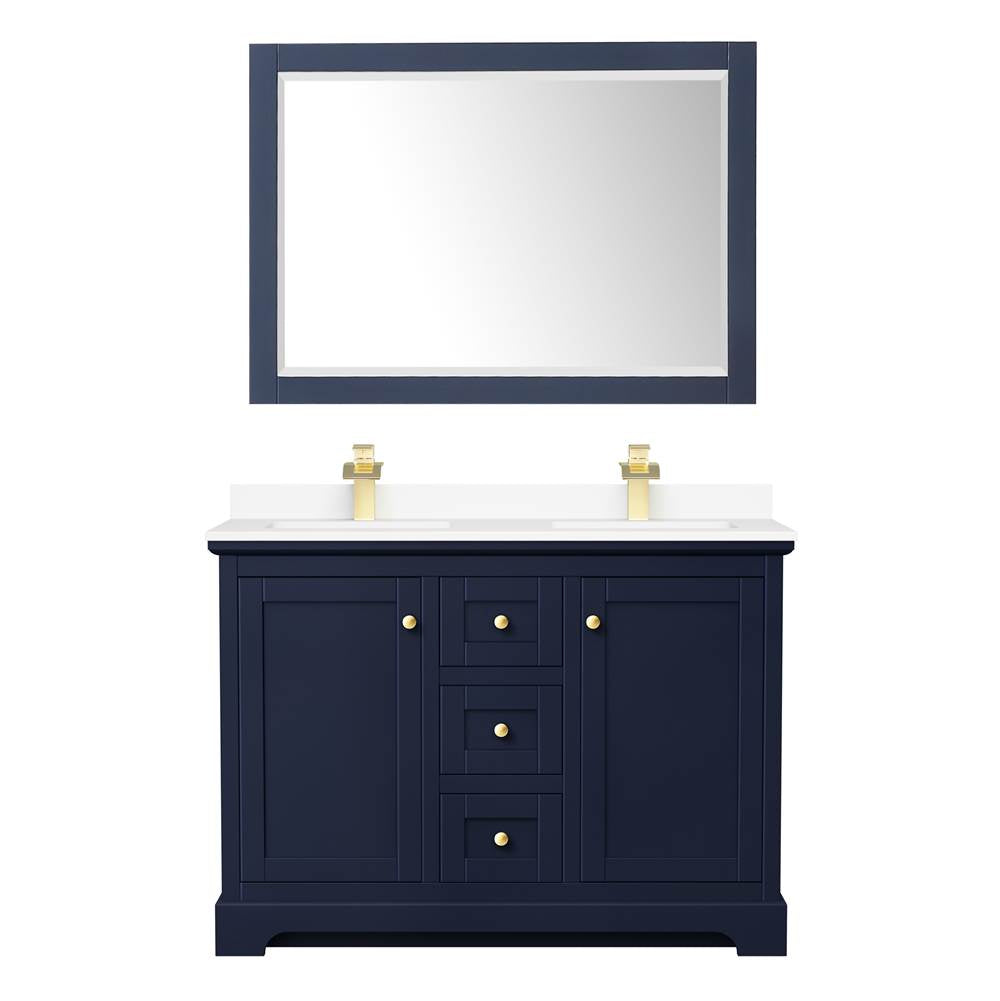 Avery 48 Inch Double Bathroom Vanity in Dark Blue, White Cultured Marble Countertop, Undermount Square Sinks, 46 Inch Mirror