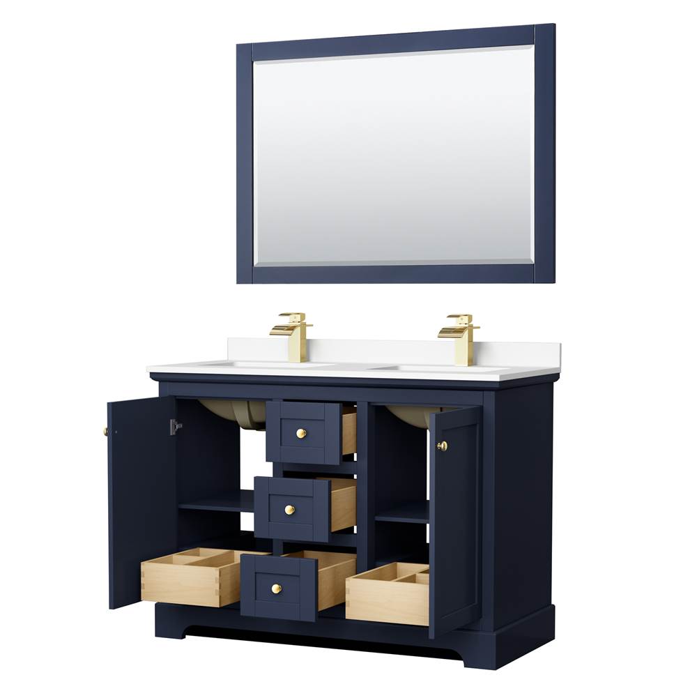 Avery 48 Inch Double Bathroom Vanity in Dark Blue, White Cultured Marble Countertop, Undermount Square Sinks, 46 Inch Mirror