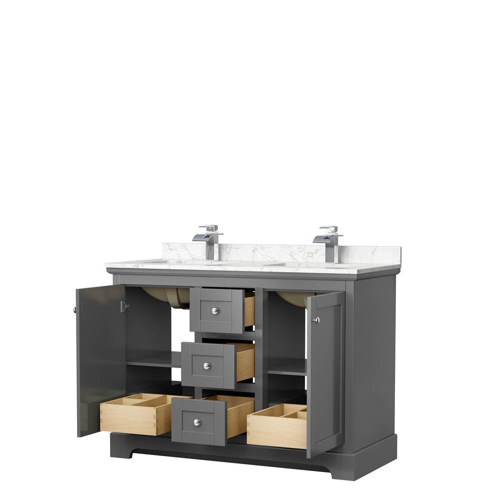 Avery 48 Inch Double Bathroom Vanity in Dark Gray, Dark-Vein Carrara Cultured Marble Countertop, Undermount Square Sinks, No Mirror