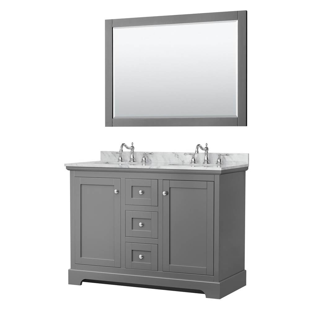 Wyndham Collection - Avery 48 Inch Double Bathroom Vanity in Dark Gray, White Carrara Marble Countertop, Undermount Oval Sinks, 46 Inch Mirror