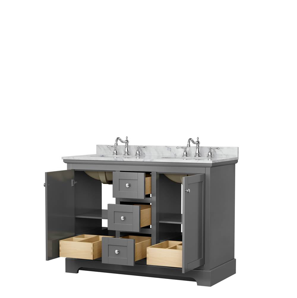 Avery 48 Inch Double Bathroom Vanity in Dark Gray, White Carrara Marble Countertop, Undermount Oval Sinks, No Mirror