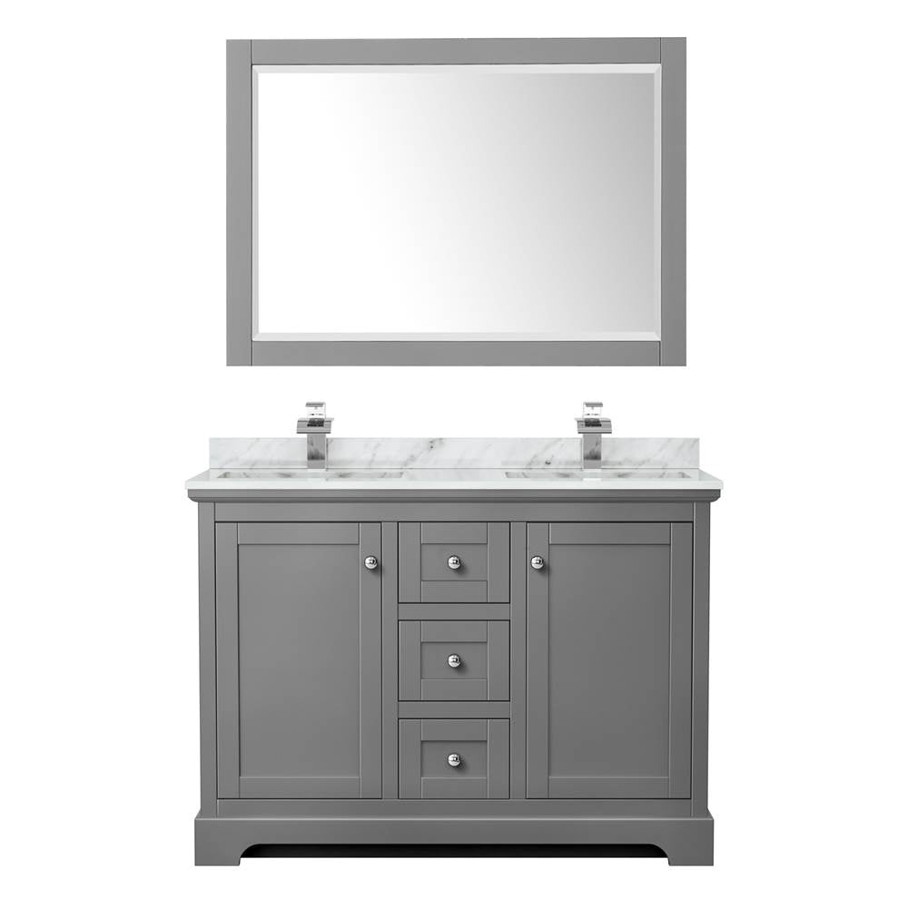 Avery 48 Inch Double Bathroom Vanity in Dark Gray, White Carrara Marble Countertop, Undermount Square Sinks, 46 Inch Mirror