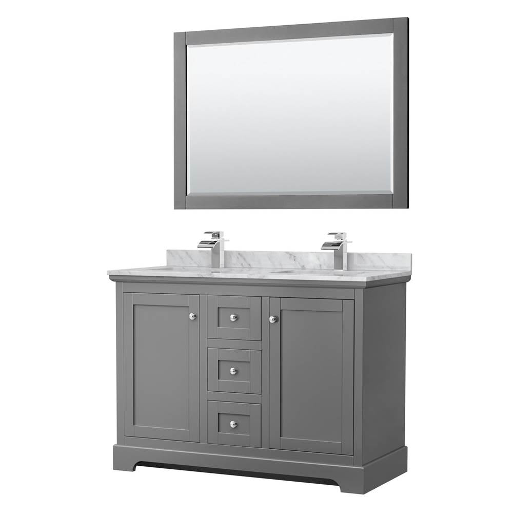 Wyndham Collection - Avery 48 Inch Double Bathroom Vanity in Dark Gray, White Carrara Marble Countertop, Undermount Square Sinks, 46 Inch Mirror