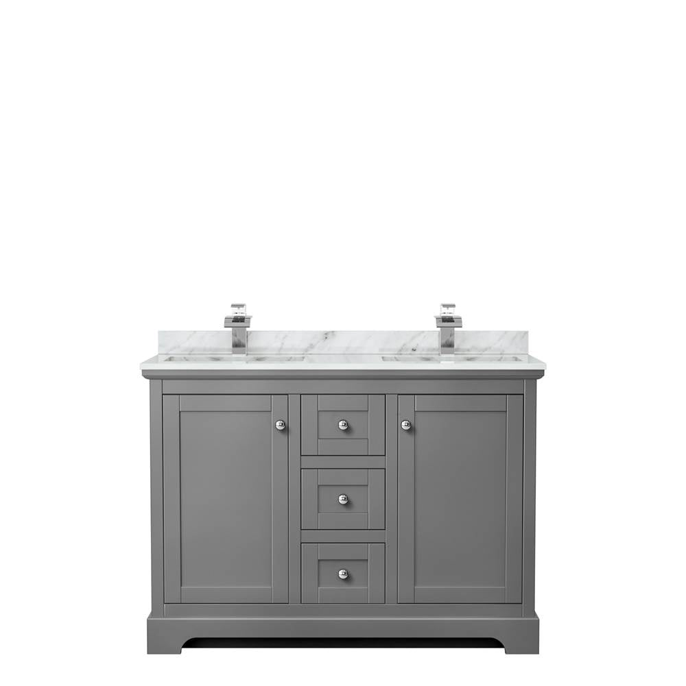 Avery 48 Inch Double Bathroom Vanity in Dark Gray, White Carrara Marble Countertop, Undermount Square Sinks, No Mirror