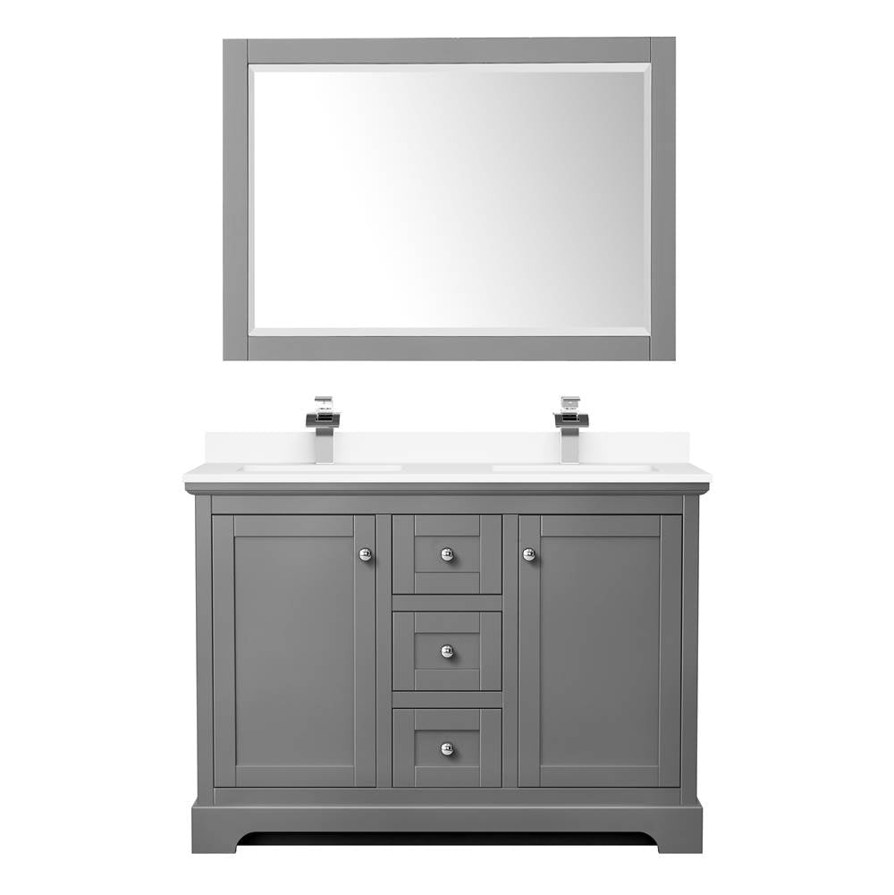 Avery 48 Inch Double Bathroom Vanity in Dark Gray, White Cultured Marble Countertop, Undermount Square Sinks, 46 Inch Mirror