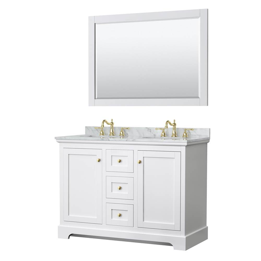 Wyndham Collection - Avery 48 Inch Double Bathroom Vanity in White, White Carrara Marble Countertop, Undermount Oval Sinks, 46 Inch Mirror, Brushed Gold Trim