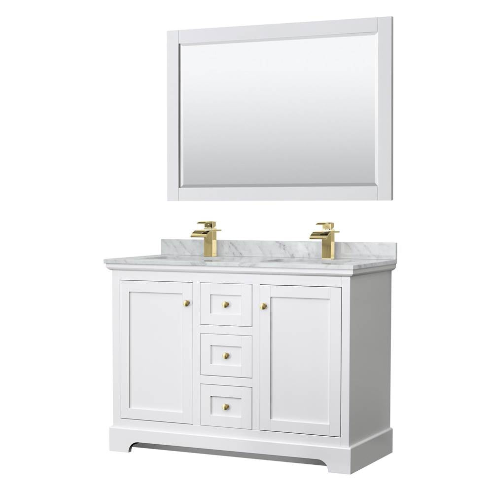 Wyndham Collection - Avery 48 Inch Double Bathroom Vanity in White, White Carrara Marble Countertop, Undermount Square Sinks, 46 Inch Mirror, Brushed Gold Trim