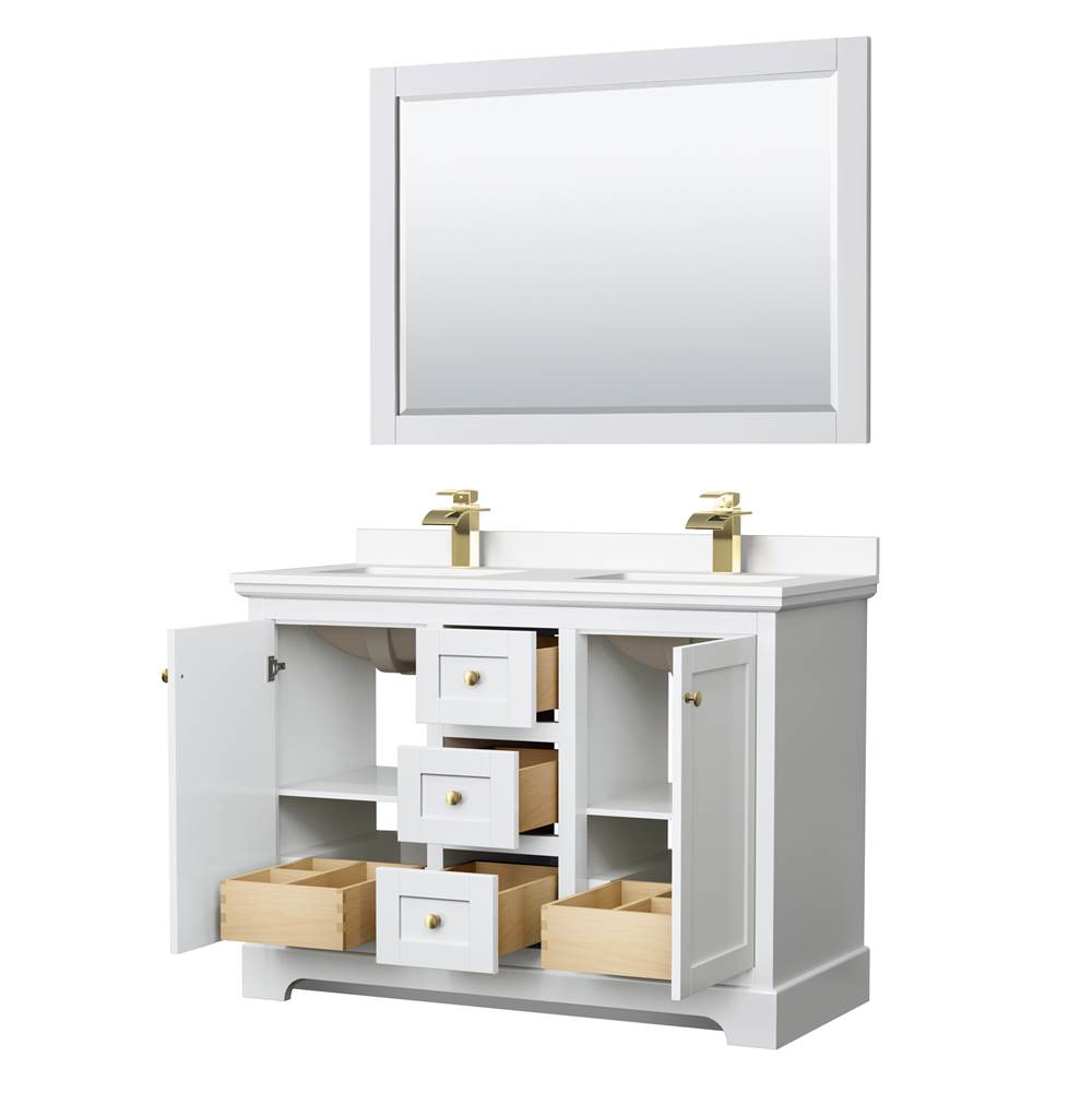 Avery 48 Inch Double Bathroom Vanity in White, White Cultured Marble Countertop, Undermount Square Sinks, 46 Inch Mirror, Brushed Gold Trim