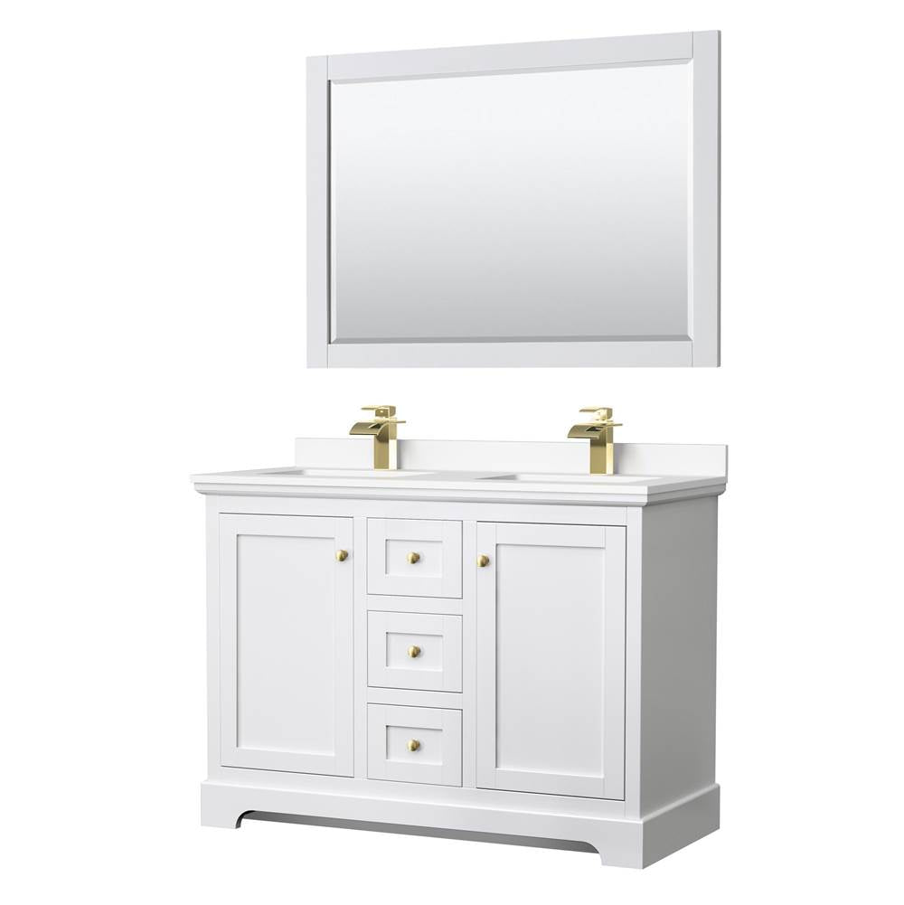 Wyndham Collection - Avery 48 Inch Double Bathroom Vanity in White, White Cultured Marble Countertop, Undermount Square Sinks, 46 Inch Mirror, Brushed Gold Trim
