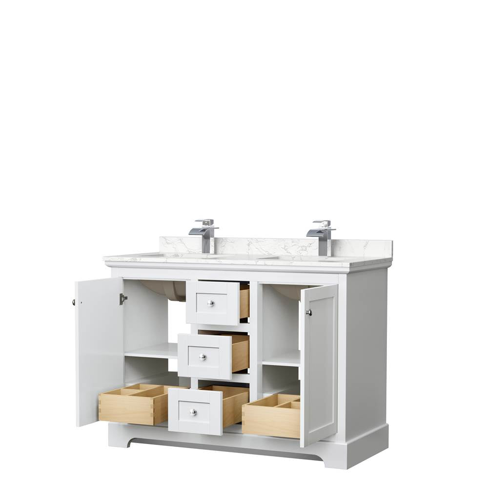Avery 48 Inch Double Bathroom Vanity in White, Dark-Vein Carrara Cultured Marble Countertop, Undermount Square Sinks, No Mirror