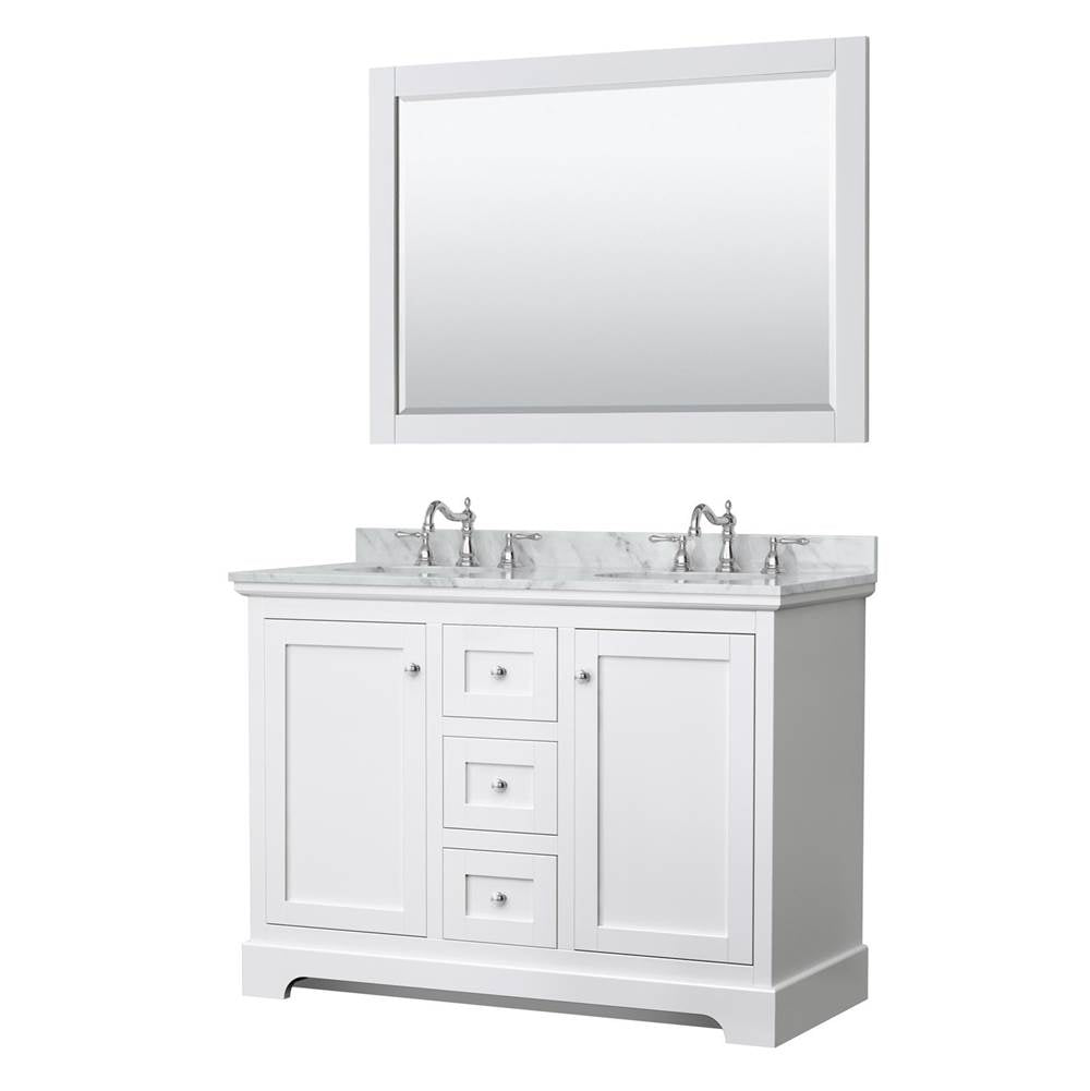 Wyndham Collection - Avery 48 Inch Double Bathroom Vanity in White, White Carrara Marble Countertop, Undermount Oval Sinks, 46 Inch Mirror