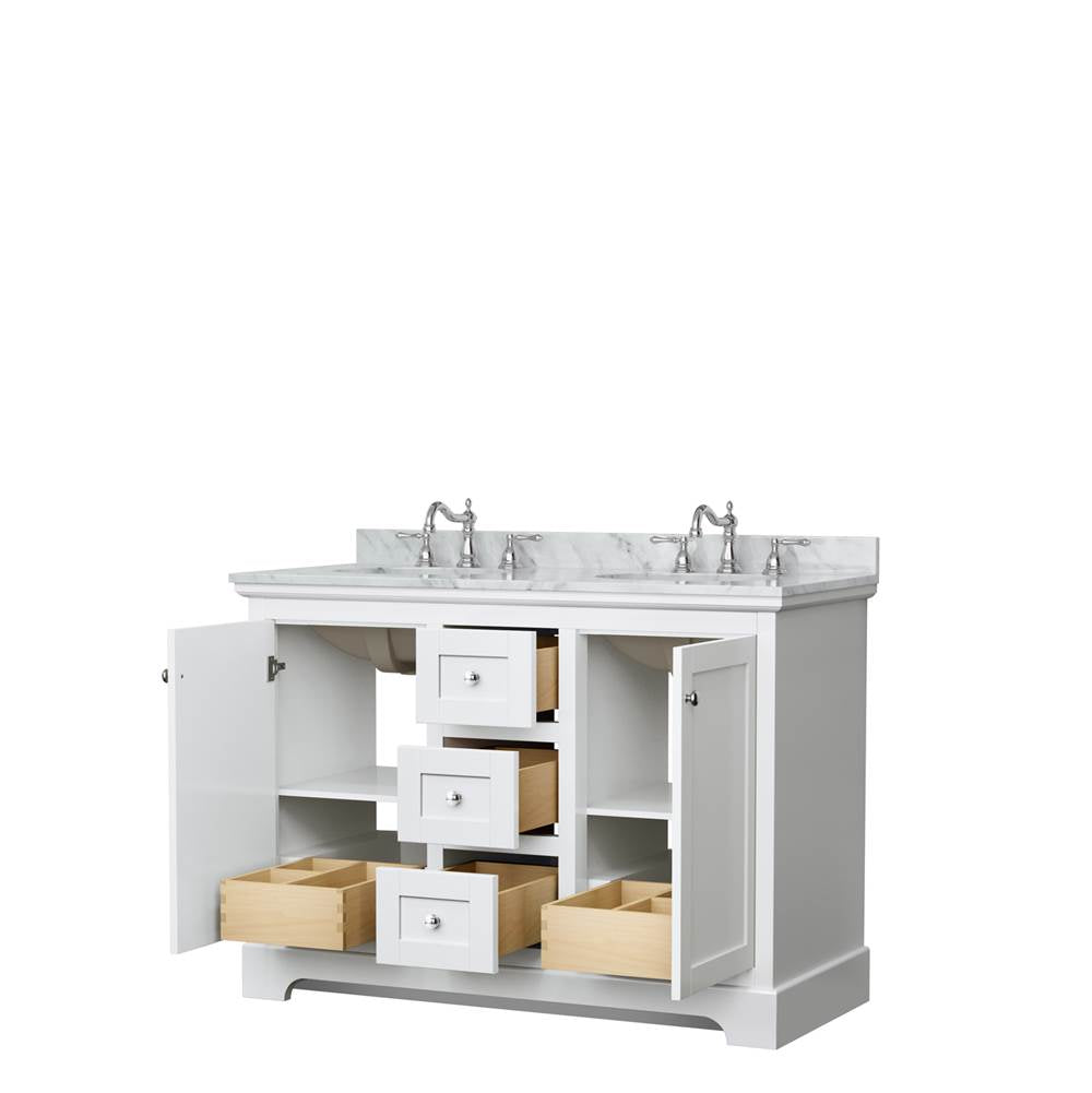 Avery 48 Inch Double Bathroom Vanity in White, White Carrara Marble Countertop, Undermount Oval Sinks, No Mirror
