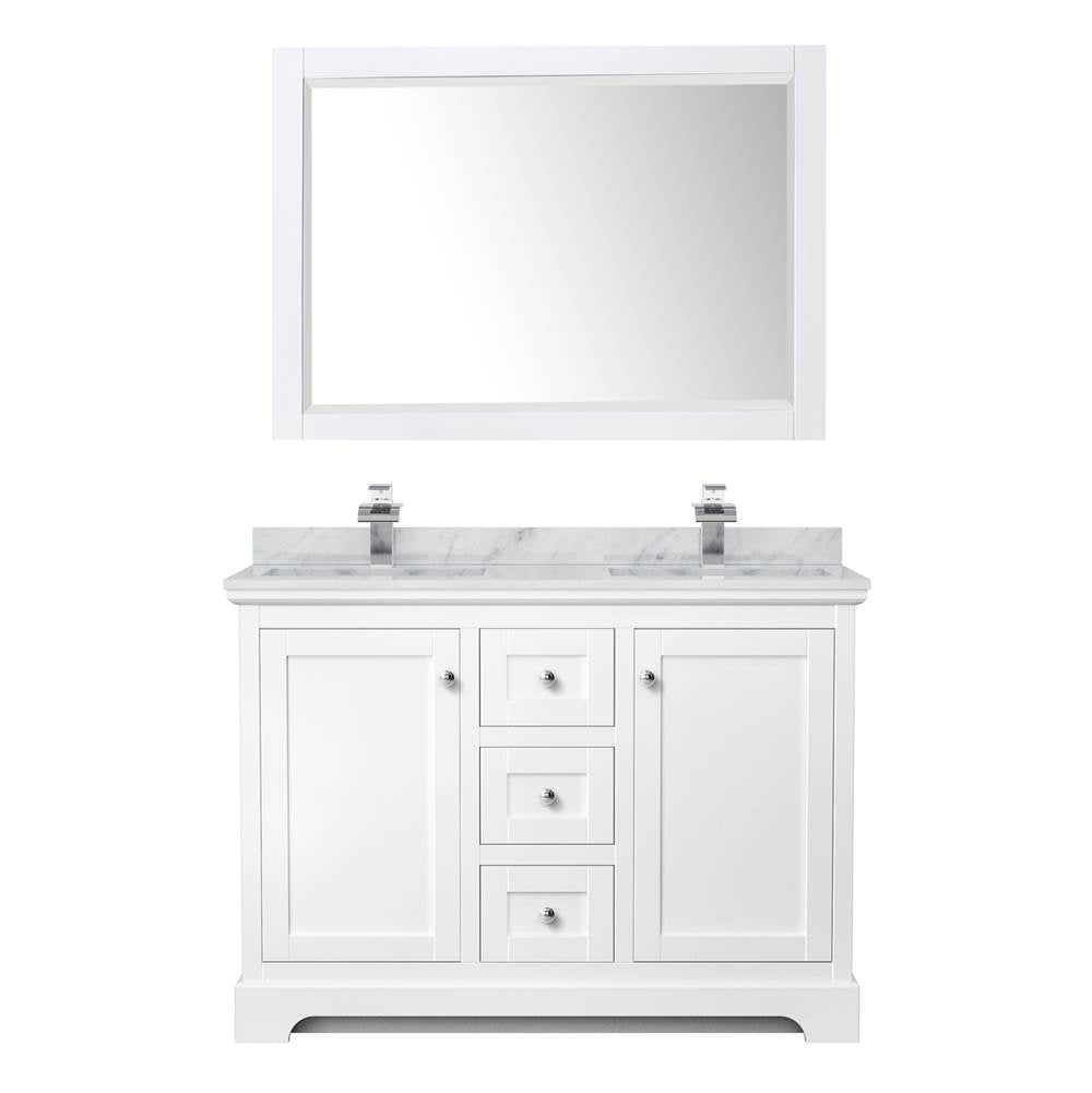 Avery 48 Inch Double Bathroom Vanity in White, White Carrara Marble Countertop, Undermount Square Sinks, 46 Inch Mirror