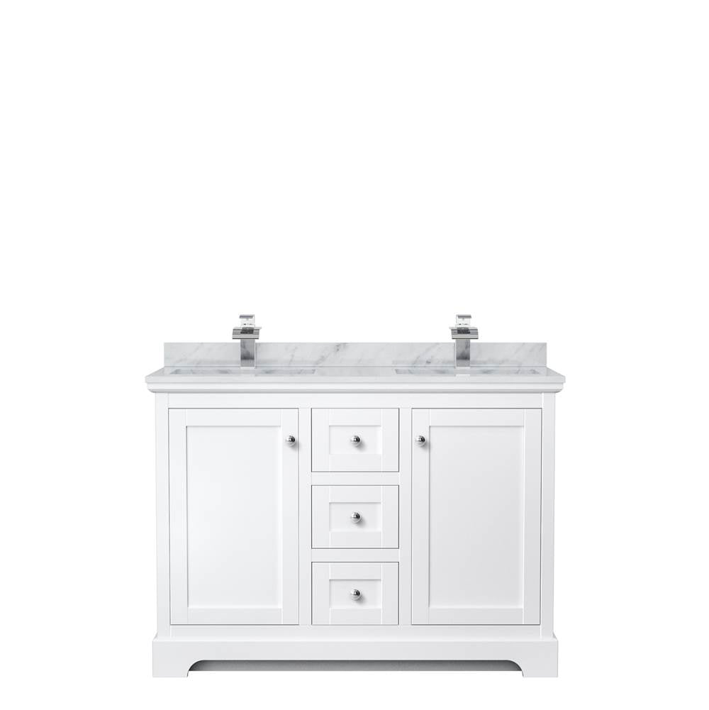Avery 48 Inch Double Bathroom Vanity in White, White Carrara Marble Countertop, Undermount Square Sinks, No Mirror