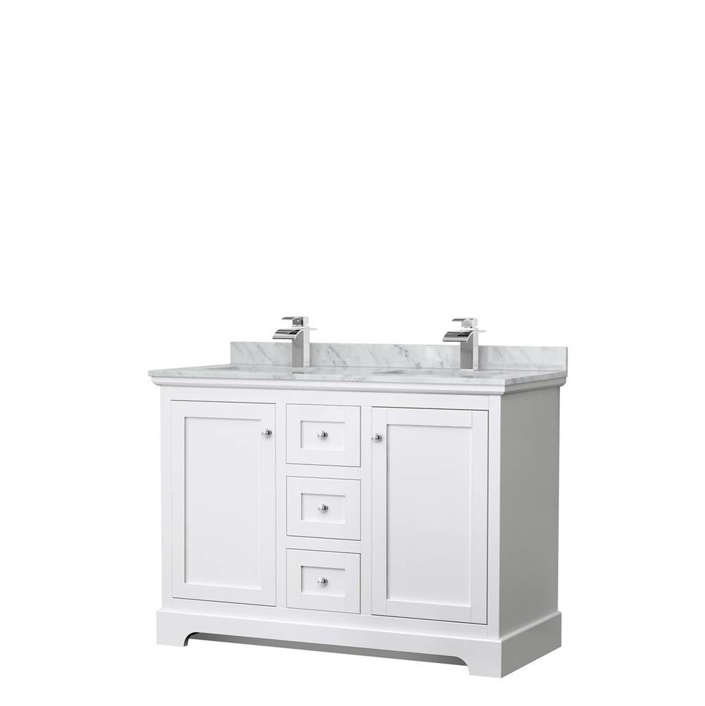 Wyndham Collection - Avery 48 Inch Double Bathroom Vanity in White, White Carrara Marble Countertop, Undermount Square Sinks, No Mirror
