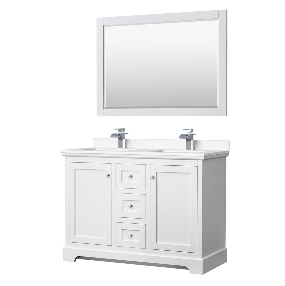 Wyndham Collection - Avery 48 Inch Double Bathroom Vanity in White, White Cultured Marble Countertop, Undermount Square Sinks, 46 Inch Mirror