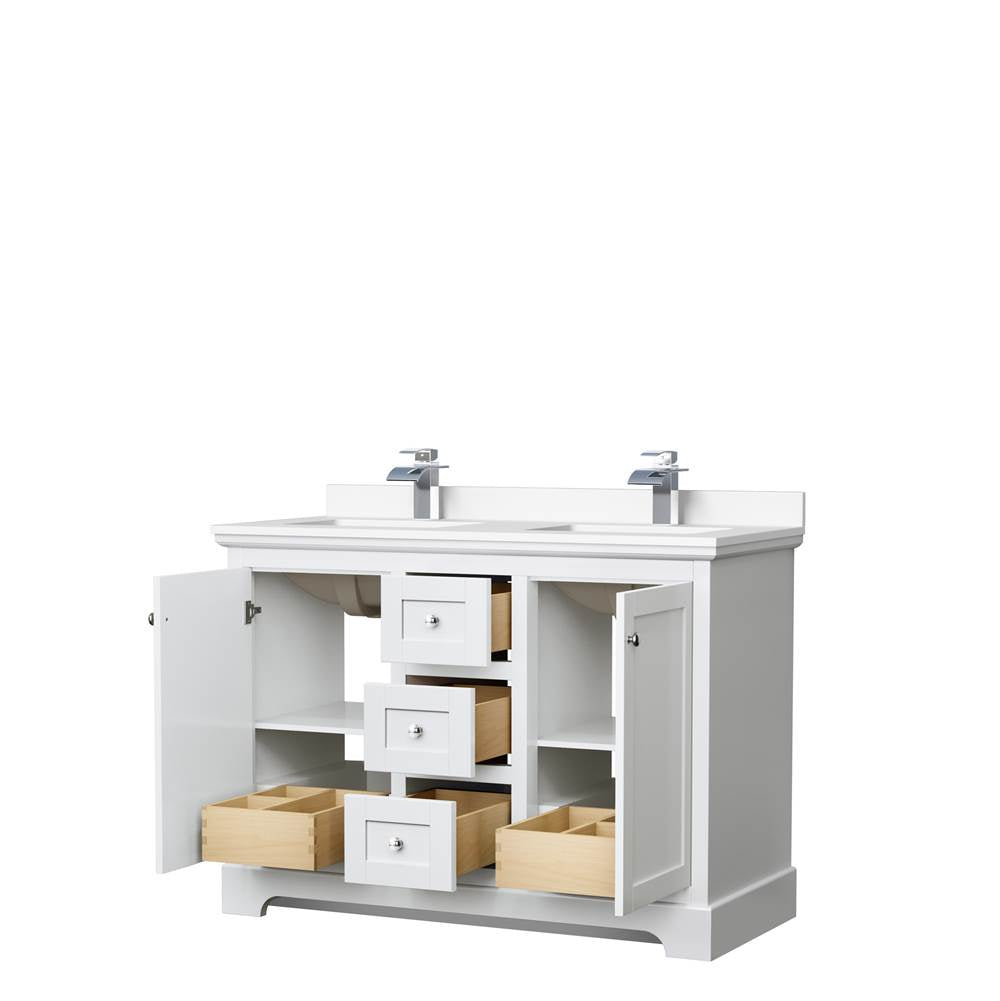 Avery 48 Inch Double Bathroom Vanity in White, White Cultured Marble Countertop, Undermount Square Sinks, No Mirror
