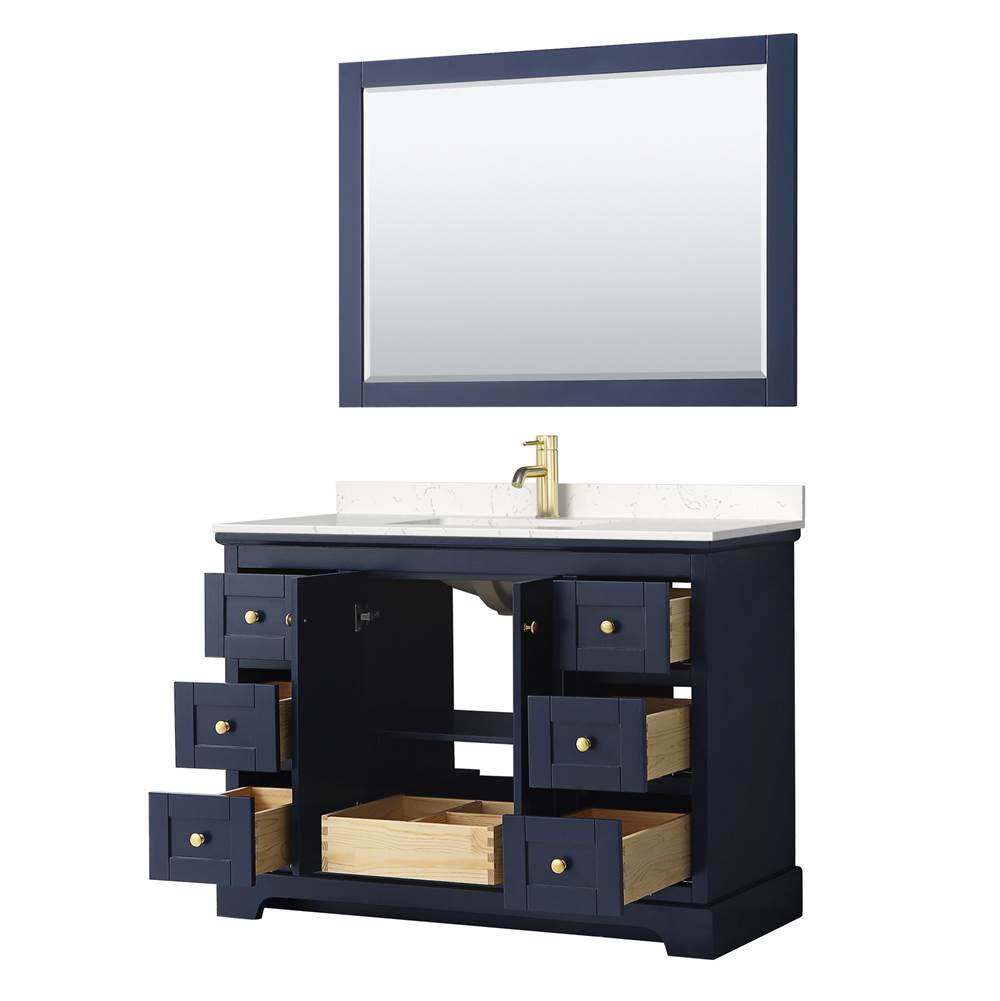 Avery 48 Inch Single Bathroom Vanity in Dark Blue, Carrara Cultured Marble Countertop, Undermount Square Sink, 46 Inch Mirror