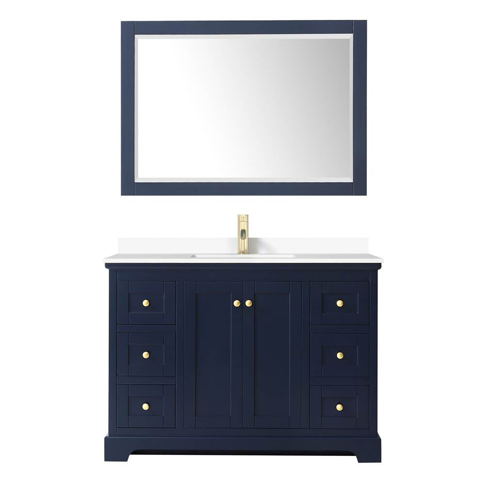 Avery 48 Inch Single Bathroom Vanity in Dark Blue, White Cultured Marble Countertop, Undermount Square Sink, 46 Inch Mirror