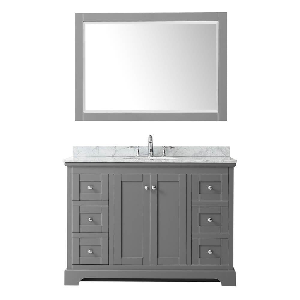 Avery 48 Inch Single Bathroom Vanity in Dark Blue, White Carrara Marble Countertop, Undermount Oval Sink, and 46 Inch Mirror