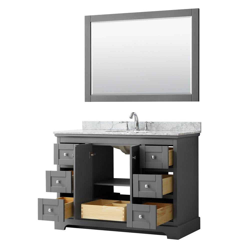 Avery 48 Inch Single Bathroom Vanity in Dark Blue, White Carrara Marble Countertop, Undermount Oval Sink, and 46 Inch Mirror