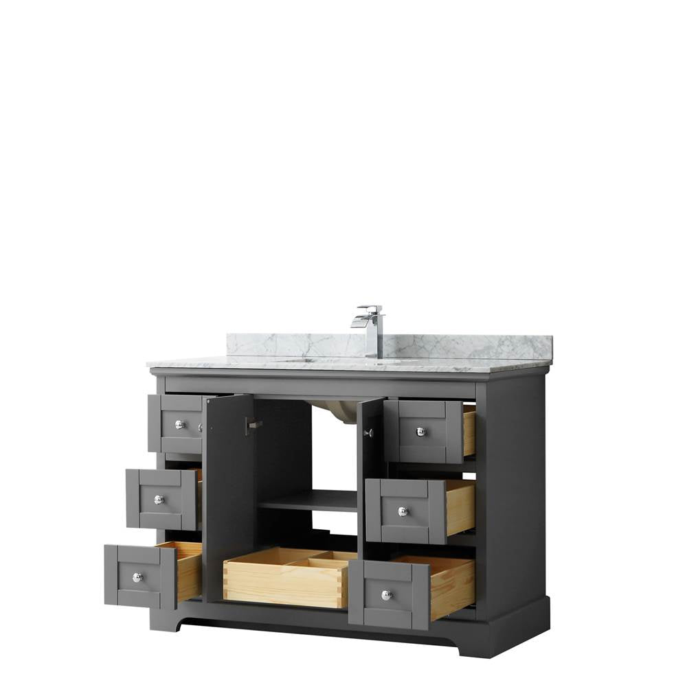 Avery 48 Inch Single Bathroom Vanity in Dark Blue, White Carrara Marble Countertop, Undermount Square Sink, and No Mirror