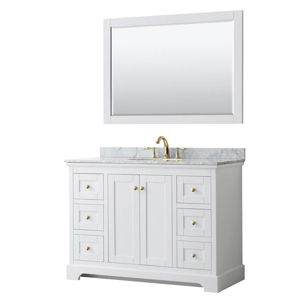 Wyndham Collection - Avery 48 Inch Single Bathroom Vanity in White, White Carrara Marble Countertop, Undermount Oval Sink, 46 Inch Mirror, Brushed Gold Trim