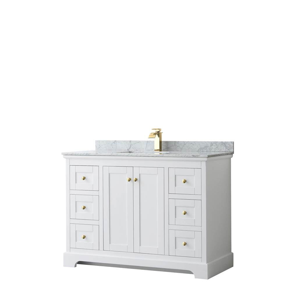 Wyndham Collection - Avery 48 Inch Single Bathroom Vanity in White, White Carrara Marble Countertop, Undermount Square Sink, Brushed Gold Trim