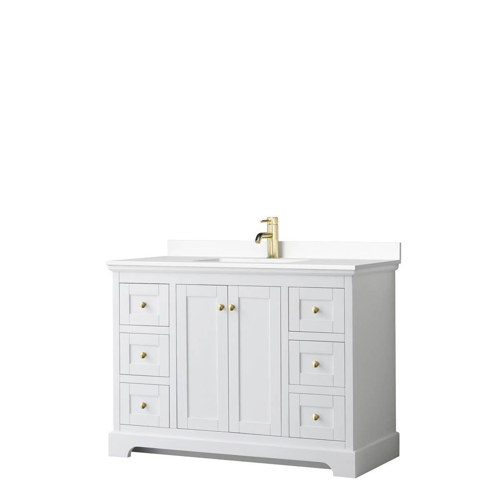 Wyndham Collection - Avery 48 Inch Single Bathroom Vanity in White, White Cultured Marble Countertop, Undermount Square Sink, Brushed Gold Trim