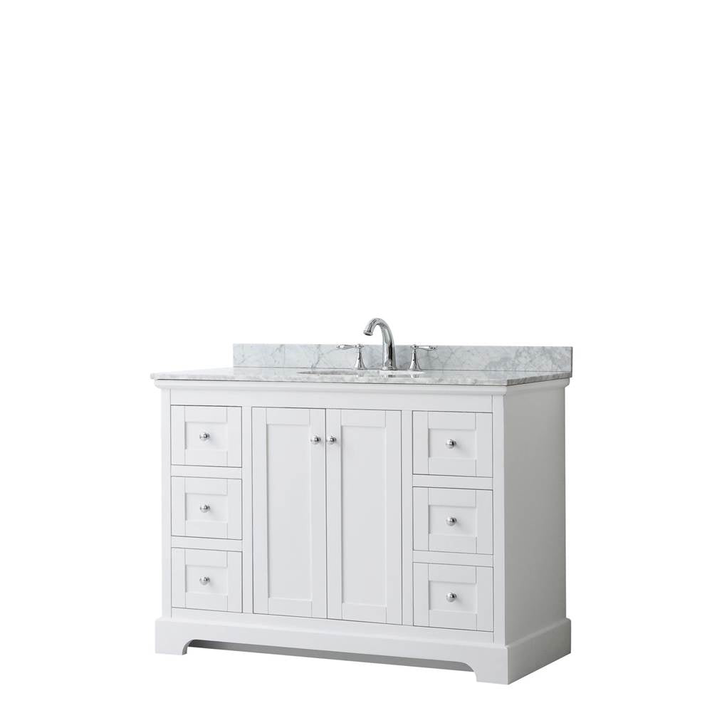 Wyndham Collection - Avery 48 Inch Single Bathroom Vanity in White, White Carrara Marble Countertop, Undermount Oval Sink, and No Mirror - White