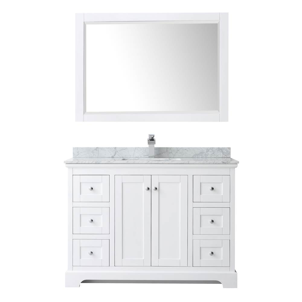 Avery 48 Inch Single Bathroom Vanity in Dark Blue, White Carrara Marble Countertop, Undermount Square Sink, and 46 Inch Mirror
