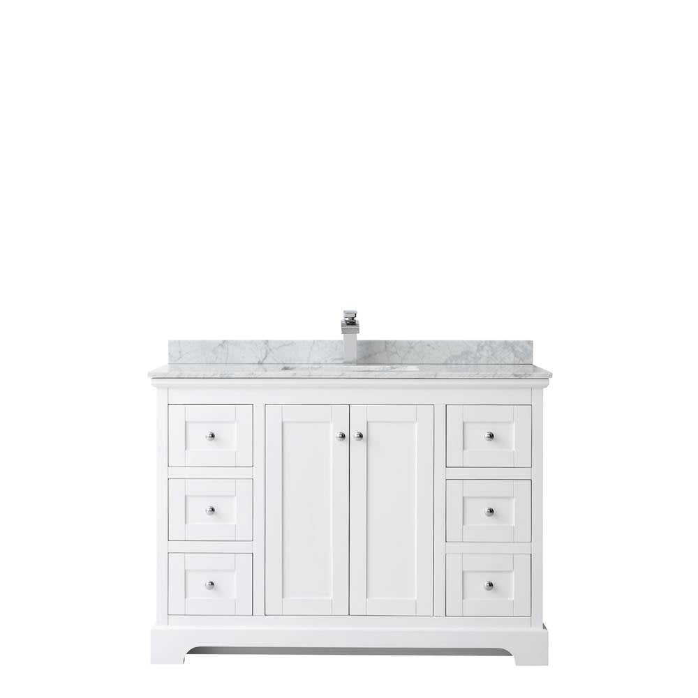 Avery 48 Inch Single Bathroom Vanity in Dark Blue, White Carrara Marble Countertop, Undermount Square Sink, and No Mirror