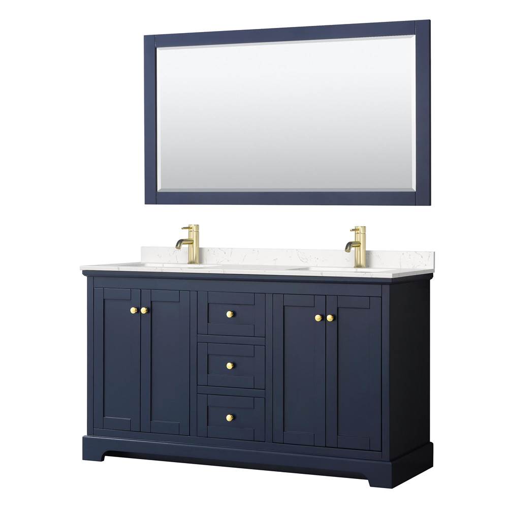 Wyndham Collection - Avery 60 Inch Double Bathroom Vanity in Dark Blue, Carrara Cultured Marble Countertop, Undermount Square Sinks, 58 Inch Mirror