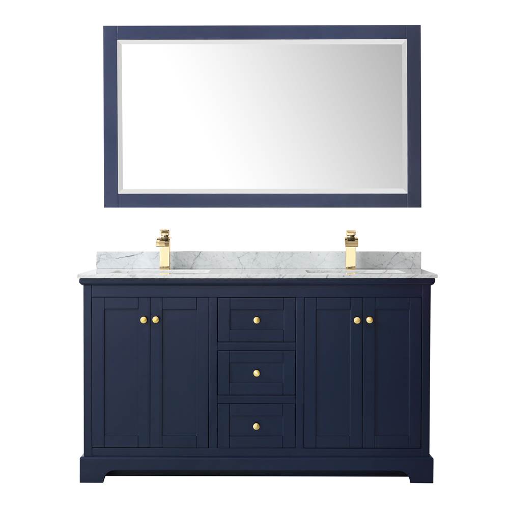 Avery 60 Inch Double Bathroom Vanity in Dark Blue, White Carrara Marble Countertop, Undermount Square Sinks, and 58 Inch Mirror