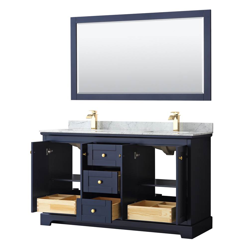 Avery 60 Inch Double Bathroom Vanity in Dark Blue, White Carrara Marble Countertop, Undermount Square Sinks, and 58 Inch Mirror