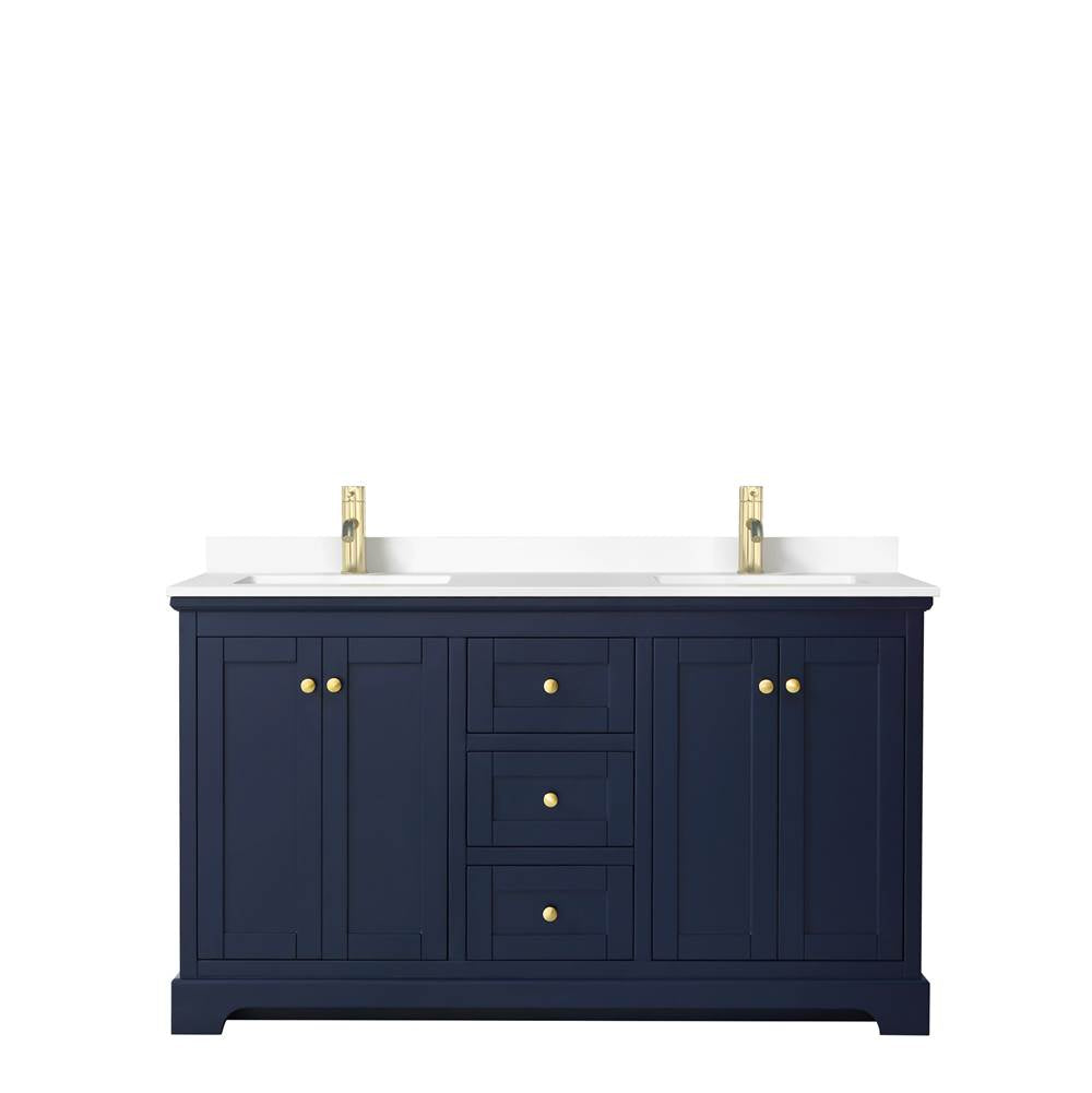 Avery 60 Inch Double Bathroom Vanity in Dark Blue, White Cultured Marble Countertop, Undermount Square Sinks, No Mirror