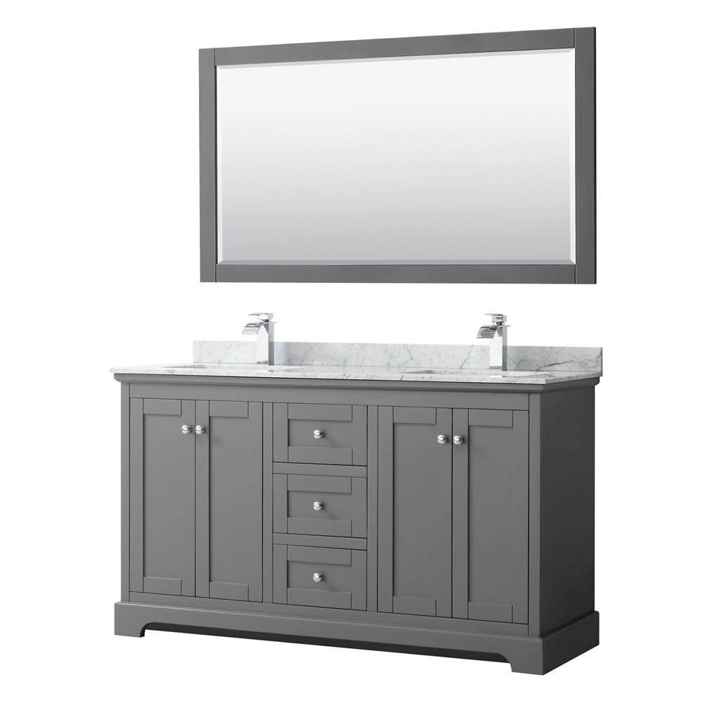 Wyndham Collection - Avery 60 Inch Double Bathroom Vanity in Dark Gray, White Carrara Marble Countertop, Undermount Square Sinks, and 58 Inch Mirror - Dark Gray