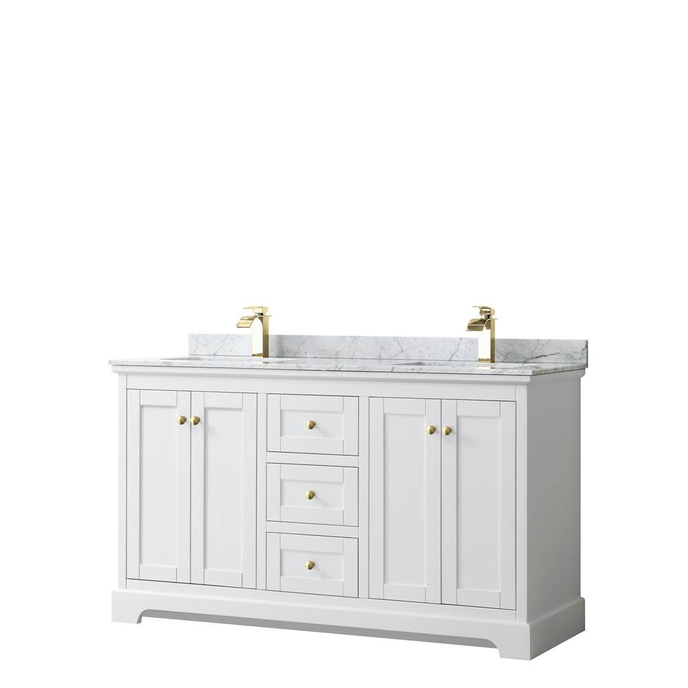 Wyndham Collection - Avery 60 Inch Double Bathroom Vanity in White, White Carrara Marble Countertop, Undermount Square Sinks, Brushed Gold Trim