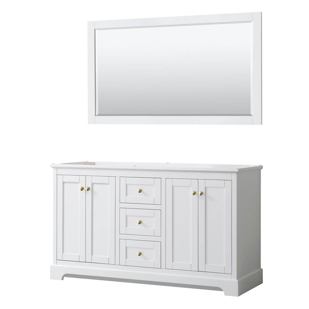 Wyndham Collection - Avery 60 Inch Double Bathroom Vanity in White, No Countertop, No Sinks, 58 Inch Mirror, Brushed Gold Trim