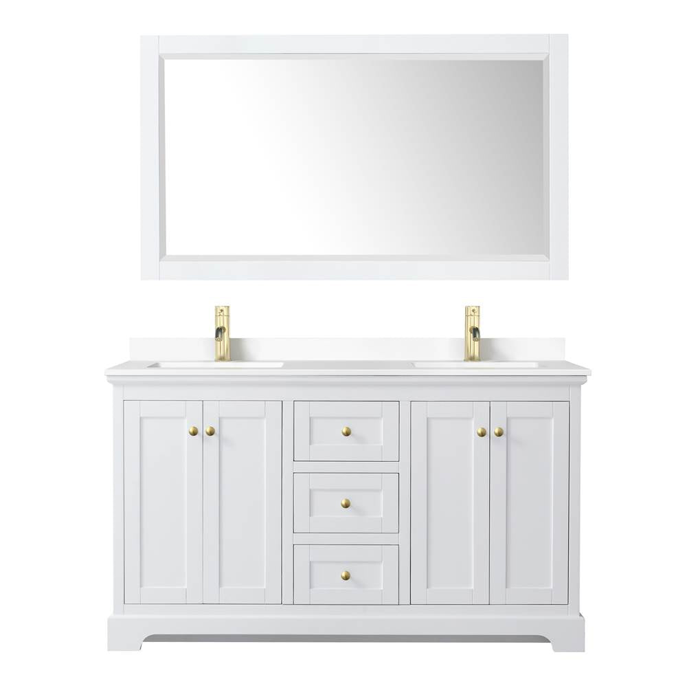 Avery 60 Inch Double Bathroom Vanity in White, White Cultured Marble Countertop, Undermount Square Sinks, 58 Inch Mirror, Brushed Gold Trim