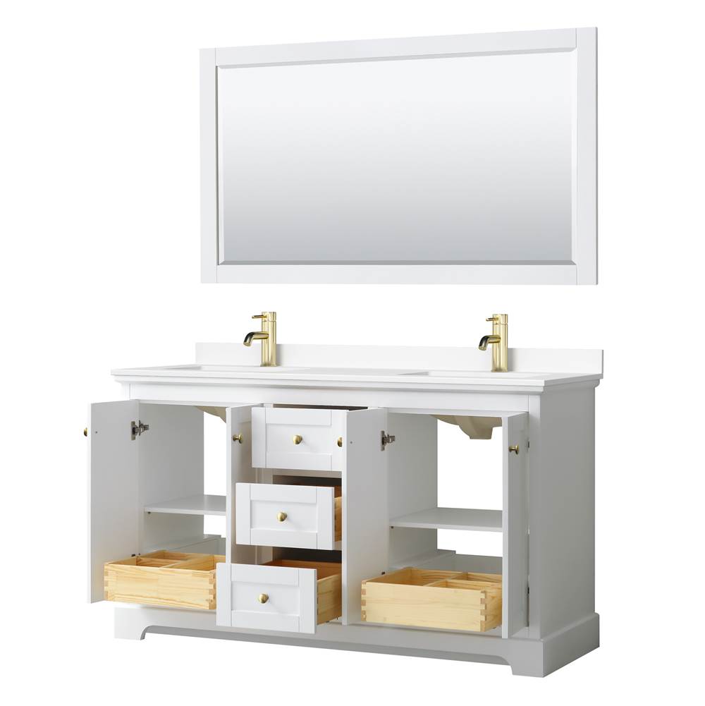 Avery 60 Inch Double Bathroom Vanity in White, White Cultured Marble Countertop, Undermount Square Sinks, 58 Inch Mirror, Brushed Gold Trim