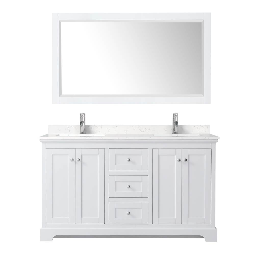 Avery 60 Inch Double Bathroom Vanity in White, Carrara Cultured Marble Countertop, Undermount Square Sinks, 58 Inch Mirror