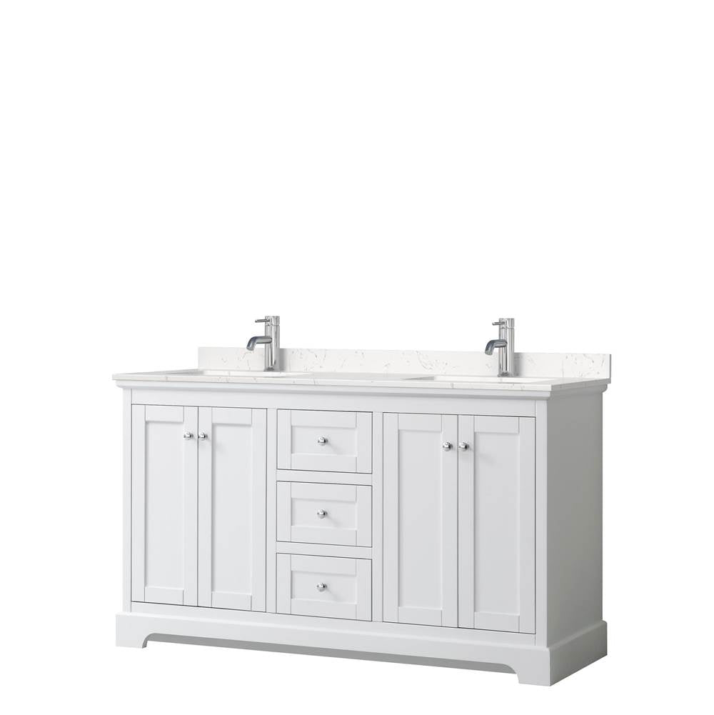 Wyndham Collection - Avery 60 Inch Double Bathroom Vanity in White, Carrara Cultured Marble Countertop, Undermount Square Sinks, No Mirror