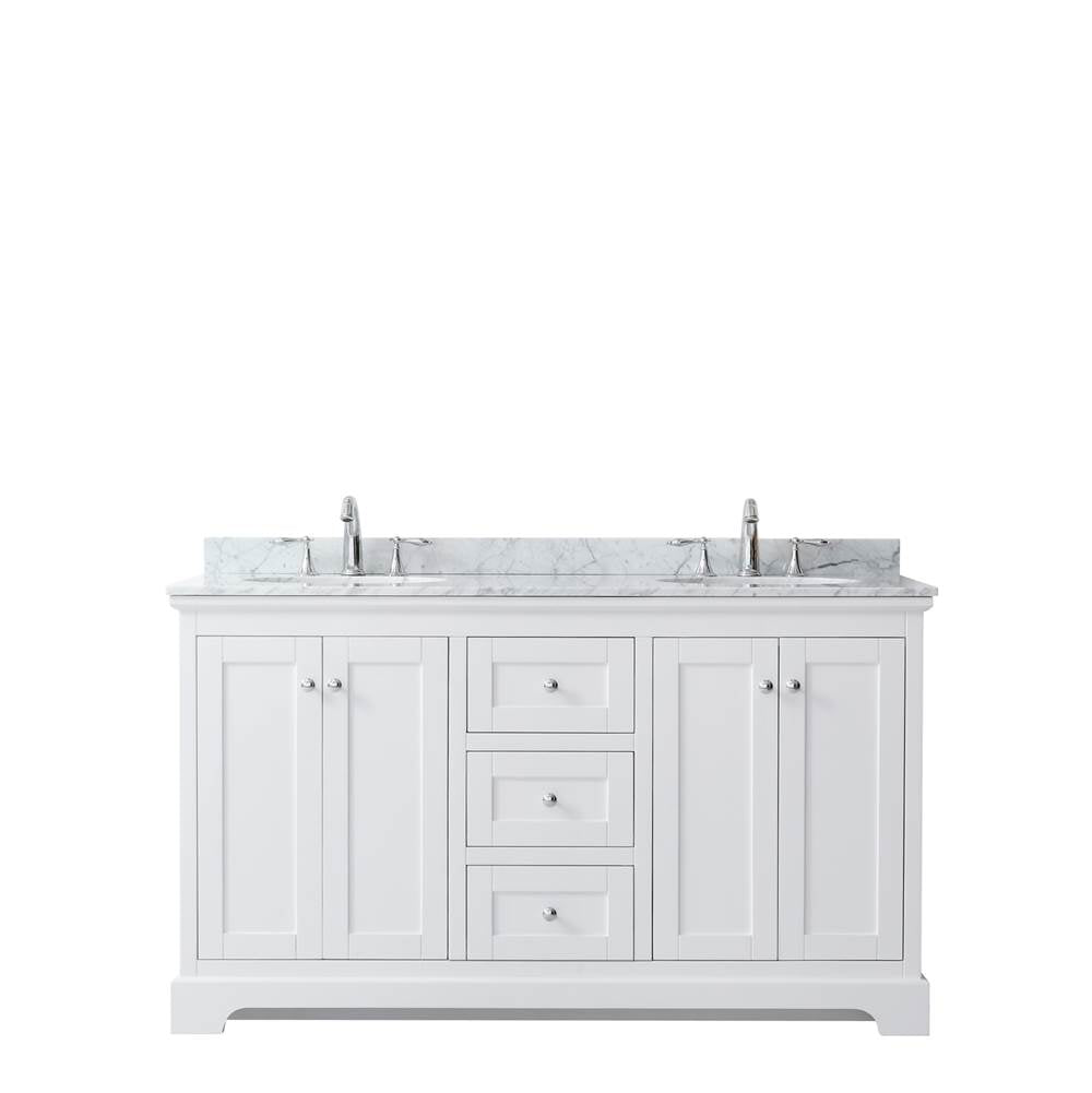 Avery 60 Inch Double Bathroom Vanity in Dark Blue, White Carrara Marble Countertop, Undermount Oval Sinks, and No Mirror