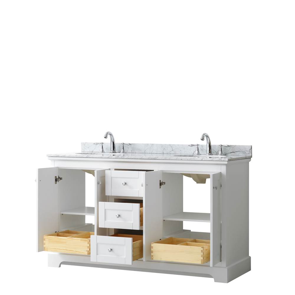 Avery 60 Inch Double Bathroom Vanity in Dark Blue, White Carrara Marble Countertop, Undermount Oval Sinks, and No Mirror