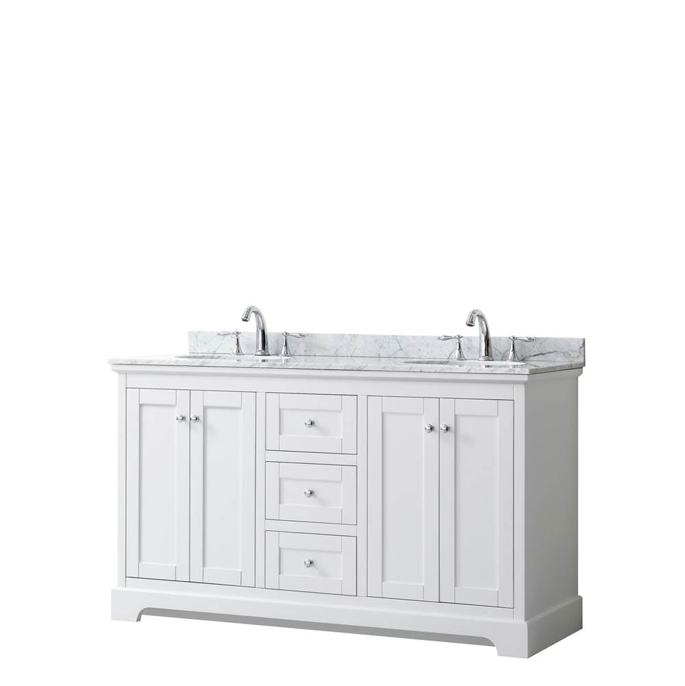 Wyndham Collection - Avery 60 Inch Double Bathroom Vanity in White, White Carrara Marble Countertop, Undermount Oval Sinks, and No Mirror - White